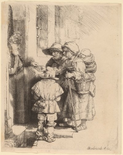 家のドアで施しを受け取る物乞い 作： Rembrandt van Rijn