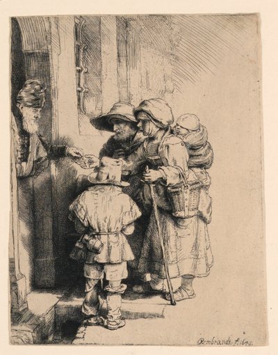 家のドアで施しを受け取る物乞い 作： Rembrandt van Rijn