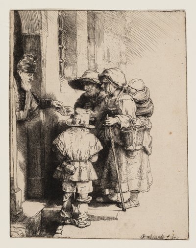 家のドアで施しを受け取る物乞い 作： Rembrandt van Rijn