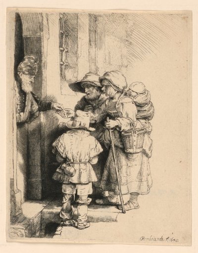 家のドアで施しを受け取る物乞い 作： Rembrandt van Rijn