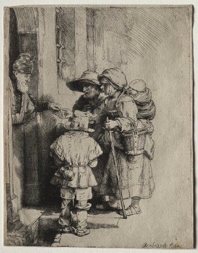 家のドアで施しを受け取る物乞い 作： Rembrandt van Rijn