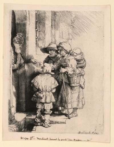 家のドアで施しを受け取る物乞い 作： Rembrandt van Rijn