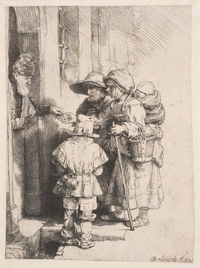 ある家の玄関先で施しを受ける物乞いたち 作： Rembrandt van Rijn