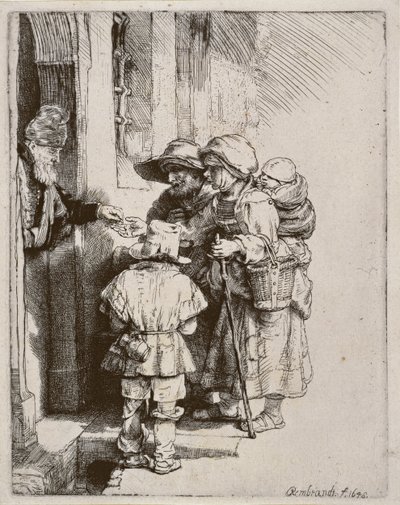 家のドアで施しを受け取る乞食、1648年（ドライポイント彫刻） 作： Rembrandt van Rijn