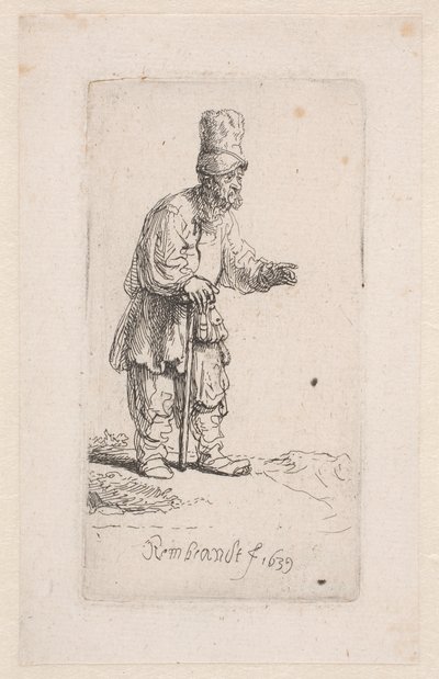 棒に寄りかかる農民 作： Rembrandt van Rijn