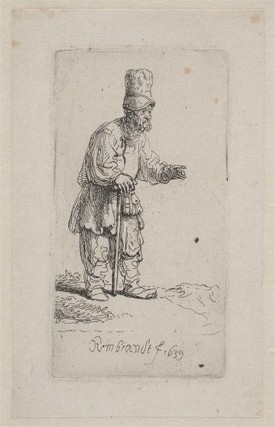 棒に寄りかかる農民 作： Rembrandt van Rijn
