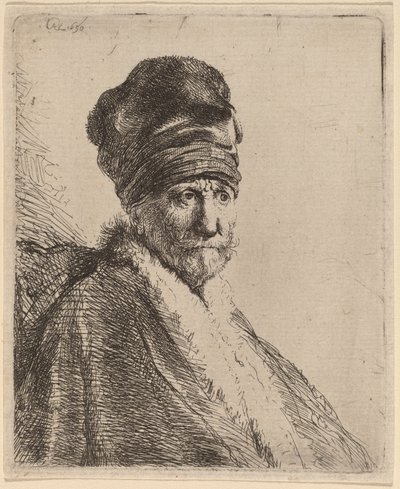 ハイキャップをかぶった男性の胸像、4 分の 3 右 (芸術家の父?) 作： Rembrandt van Rijn