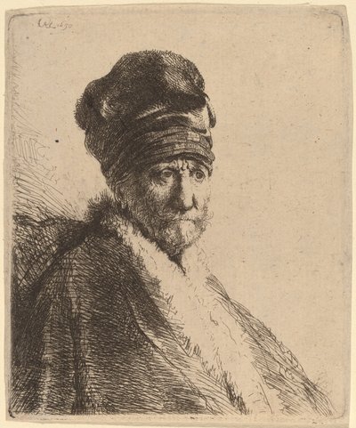 ハイキャップをかぶった男性の胸像、4 分の 3 右 (芸術家の父?) 作： Rembrandt van Rijn