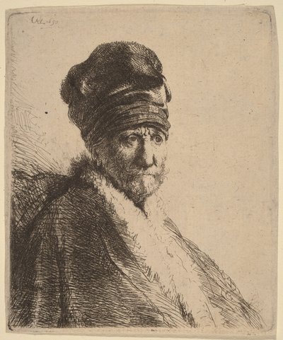 ハイキャップをかぶった男性の胸像、右三分の二の向き（作者の父親か？） 作： Rembrandt van Rijn
