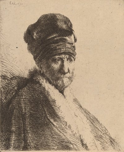 高い帽子をかぶった男性の胸像、4 分の 3 右、芸術家の父、1630 年。 作： Rembrandt van Rijn