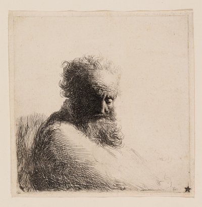 ひげを生やした老人の胸像、見下ろして、4 分の 3 右 作： Rembrandt van Rijn
