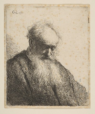 ひげが流れる老人の胸像：頭が傾いた4分の3右、1630年。 作： Rembrandt van Rijn