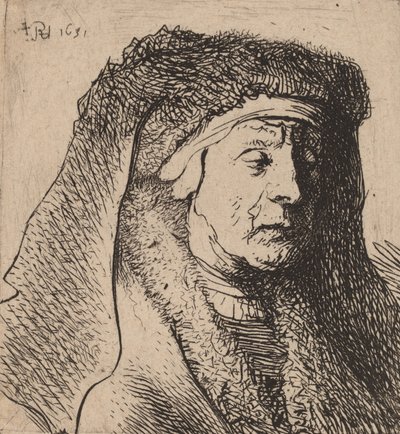毛皮のマントと重い頭飾りの老婆の胸像、1631年。 作： Rembrandt van Rijn
