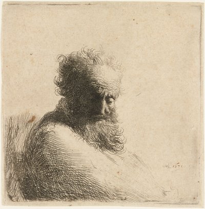 ひげを生やした老人の胸像、下を見下ろし、右 4 分の 3、1631 年。 作： Rembrandt van Rijn