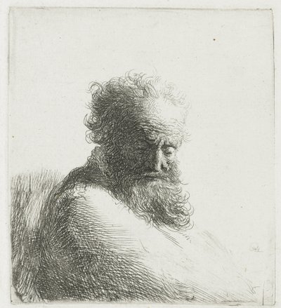 ひげを生やした老人の胸像、見下ろして、4 分の 3 右 作： Rembrandt van Rijn