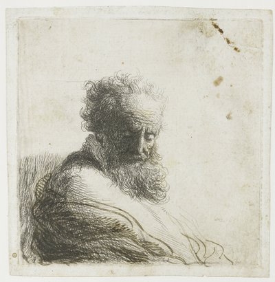 ひげを生やした老人の胸像、見下ろして、4 分の 3 右 作： Rembrandt van Rijn