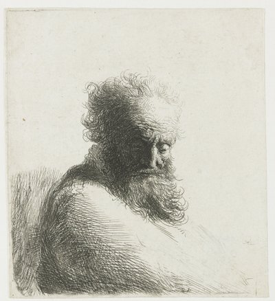 ひげを生やした老人の胸像、見下ろして、4 分の 3 右 作： Rembrandt van Rijn
