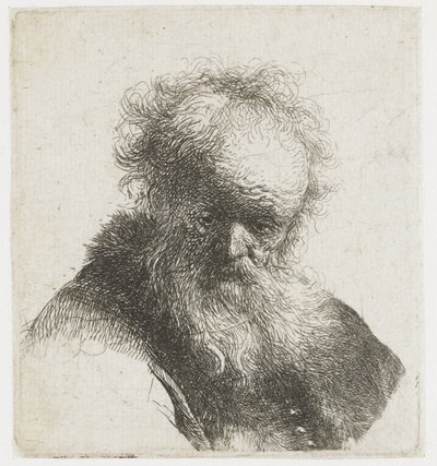 流れるような髭と白い袖の老人のバスト 作： Rembrandt van Rijn