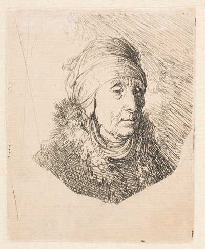顎の下で結ばれた高い頭飾りを身につけた老婦人の胸像 作： Rembrandt van Rijn