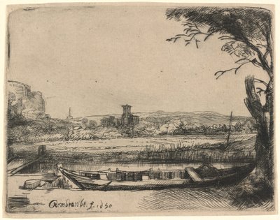 大船と橋のある運河 作： Rembrandt van Rijn