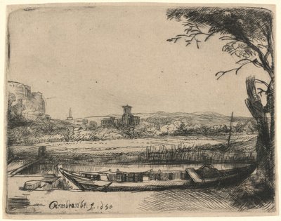 大きな船と橋のある運河 作： Rembrandt van Rijn
