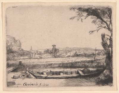 大船と橋のある運河 作： Rembrandt van Rijn