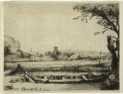 大船と橋のある運河 作： Rembrandt van Rijn