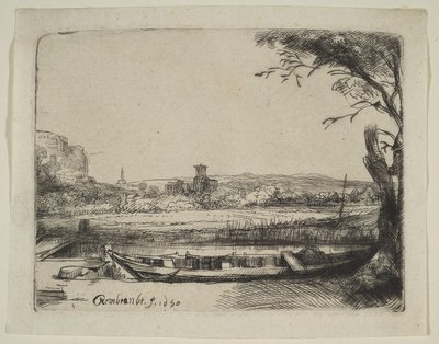 大きなボートと橋のある運河、1650年。 作： Rembrandt van Rijn