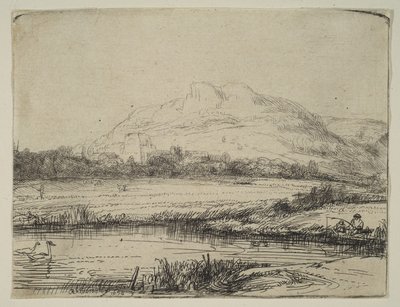 釣り人と白鳥のいる運河、1650年。 作： Rembrandt van Rijn