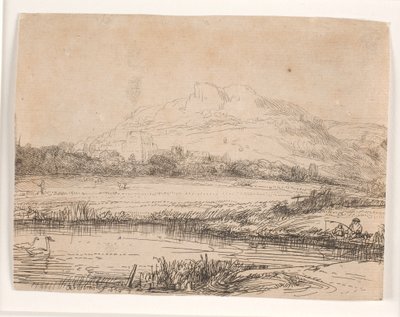 釣り人と2羽の白鳥がいる運河 作： Rembrandt van Rijn