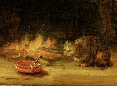 猫、カーテンのある聖家族の詳細、1646年（244315参照） 作： Rembrandt van Rijn