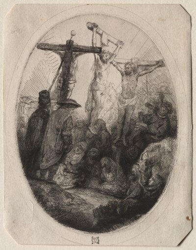 二人の盗賊の間で十字架につけられたキリスト: 楕円形の皿 作： Rembrandt van Rijn