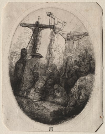 二人の泥棒の間で十字架につけられたキリスト：楕円形のプレート、c。 1641年。 作： Rembrandt van Rijn