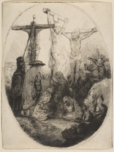 二人の泥棒の間で十字架につけられたキリスト、楕円形のプレート、ca。 1641年。 作： Rembrandt van Rijn