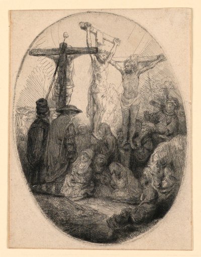 二人の盗賊の間で十字架につけられたキリスト: 楕円形の皿 作： Rembrandt van Rijn