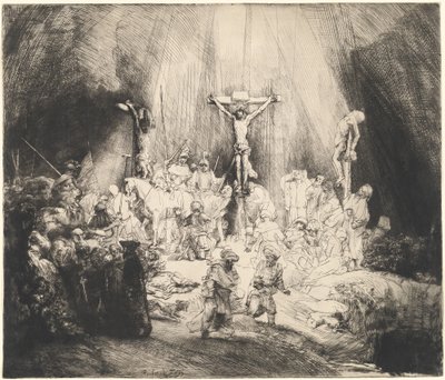 二人の盗賊の間で十字架につけられたキリスト (三つの十字架) 作： Rembrandt van Rijn