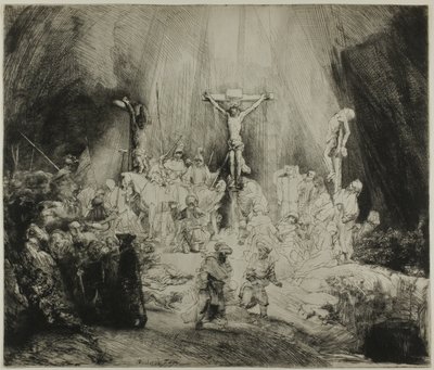 二人の盗賊の間で十字架につけられたキリスト：「三つの十字架」 作： Rembrandt van Rijn