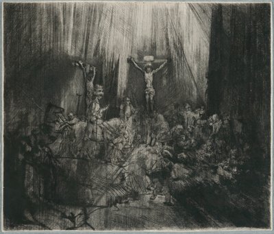 二人の盗賊の間で十字架につけられたキリスト：「三つの十字架」 作： Rembrandt van Rijn