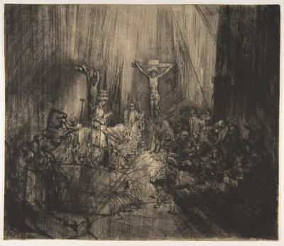 二人の盗賊の間で磔にされたキリスト: 三つの十字架, ca. 1660年。 作： Rembrandt van Rijn
