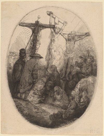 2 人の盗賊の間で十字架につけられたキリスト: 楕円形の皿 作： Rembrandt van Rijn