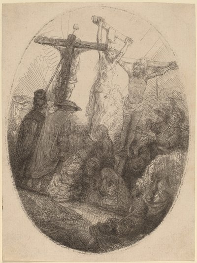 2 人の盗賊の間で十字架につけられたキリスト: 楕円形の皿 作： Rembrandt van Rijn