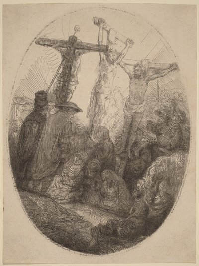 「二人の盗賊の間に磔にされたキリスト」：楕円形の皿 作： Rembrandt van Rijn