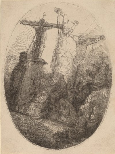 2 人の泥棒の間で十字架につけられたキリスト: 楕円形の皿、c. 1641年。 作： Rembrandt van Rijn