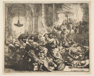 寺院から両替商を運転するキリスト、1635年。 作： Rembrandt van Rijn