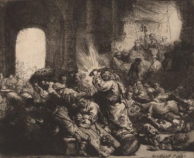 神殿から両替商を追い出すキリスト、1635年。 作： Rembrandt van Rijn
