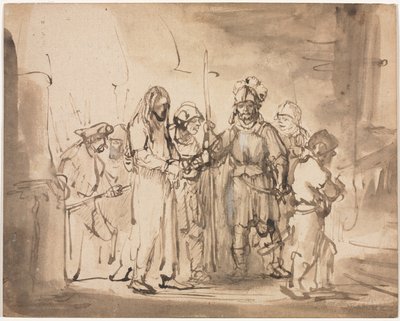 カイアファスの前にとられたキリストc。 1641-1642。 作： Rembrandt van Rijn