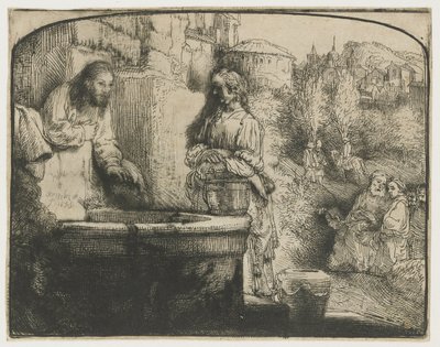 キリストとサマリアの女 キリストとサマリアの女：アーチ型の版画 作： Rembrandt van Rijn