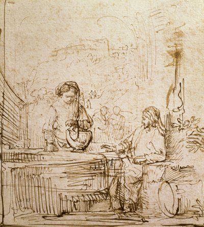 キリストとサマリアの女（紙にペンと茶色のインク） 作： Rembrandt van Rijn