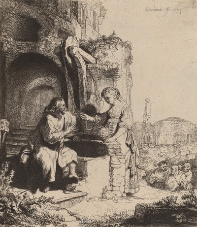 廃墟の中でのキリストとサマリアの女、1634年。 作： Rembrandt van Rijn