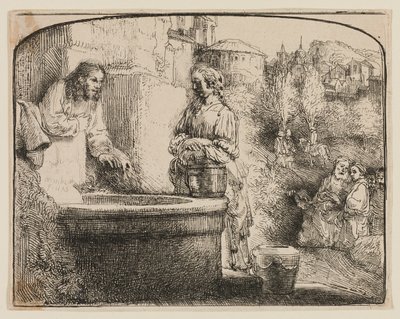 キリストとサマリアの女：アーチ型の版画 作： Rembrandt van Rijn